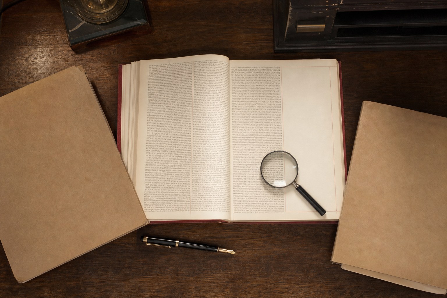 An open legal reference volume with plain document folders, a magnifying glass, and a fountain pen on a desk