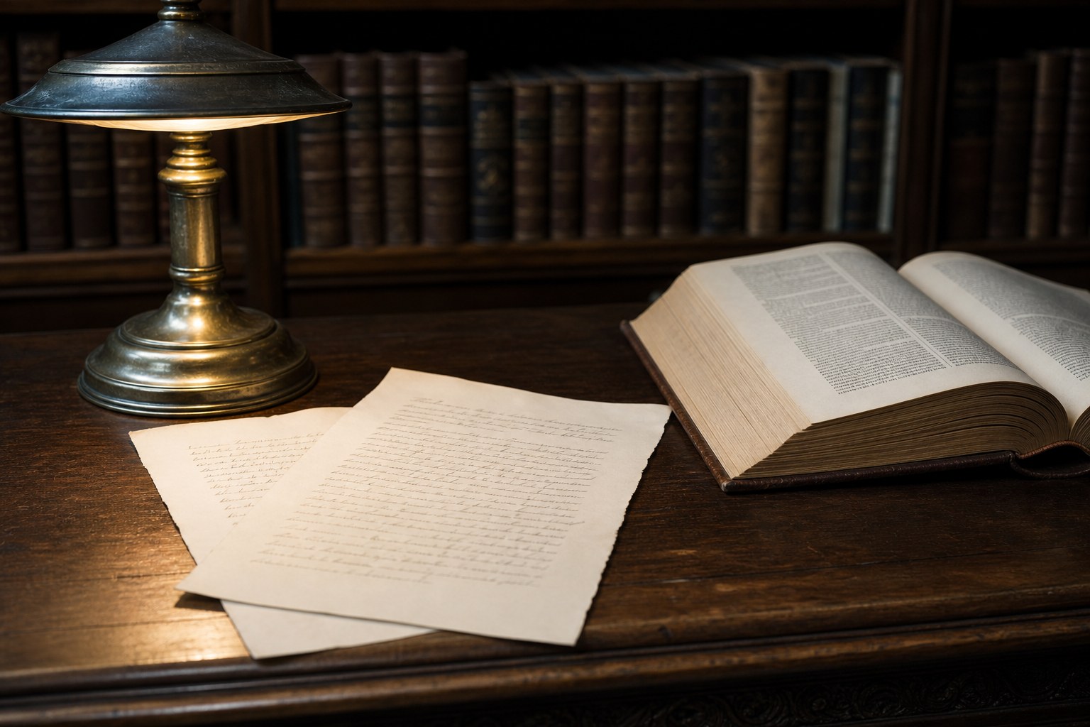 Two anonymous witness statements beside a brass lamp and an open legal reference book