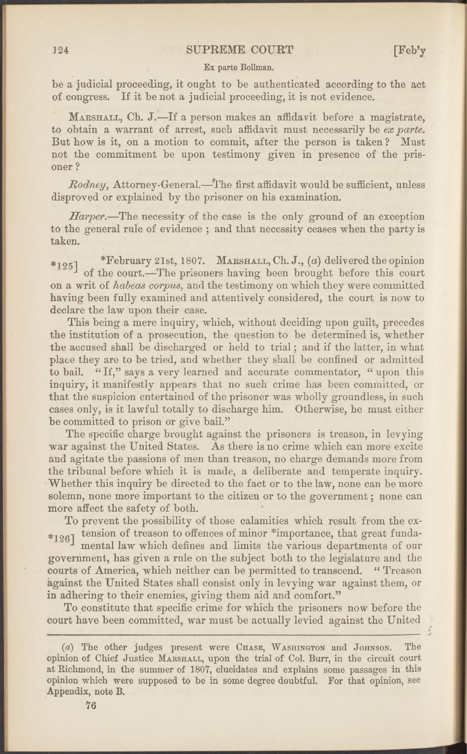Page from the official 1807 Supreme Court report in Ex parte Bollman