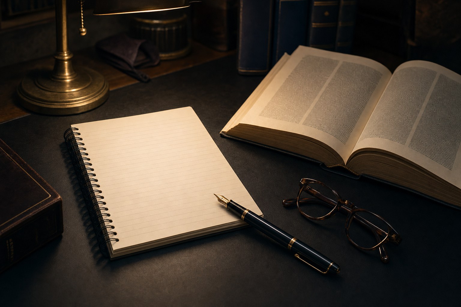 A lined notebook, reading glasses, fountain pen, and open legal reference book on a dark desk