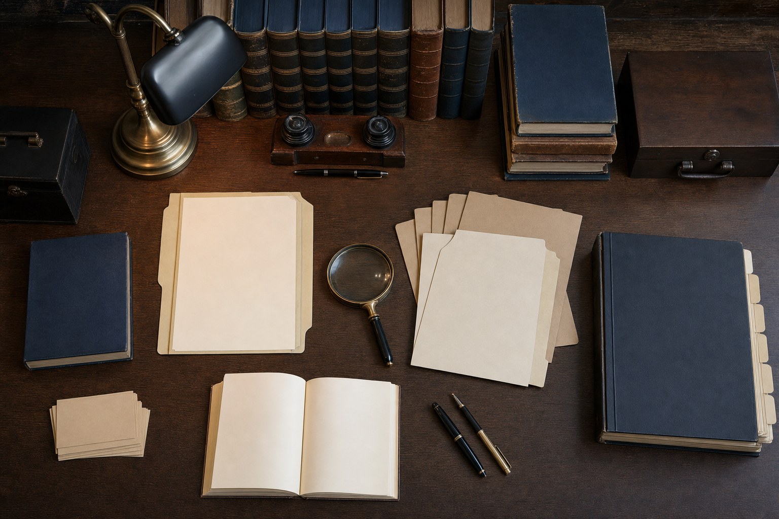 An archival research desk with folders, legal volumes, a magnifying glass, and pens