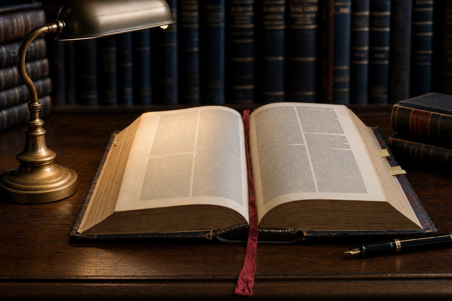 An open legal reference volume beneath a brass reading lamp in a law library