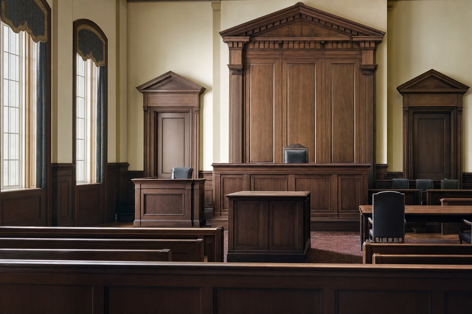 An empty wood-paneled courtroom with a witness stand and judge bench