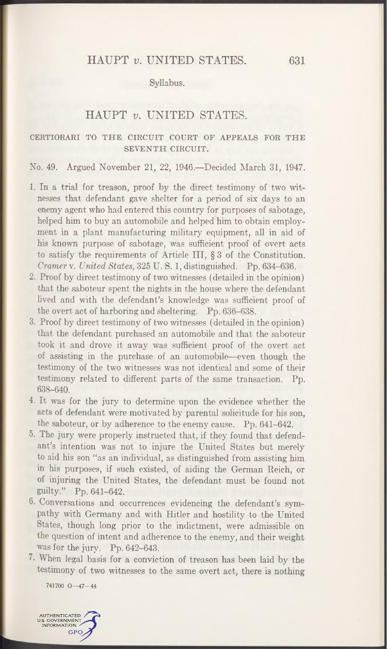 First page of the 1947 Supreme Court opinion in Haupt v. United States