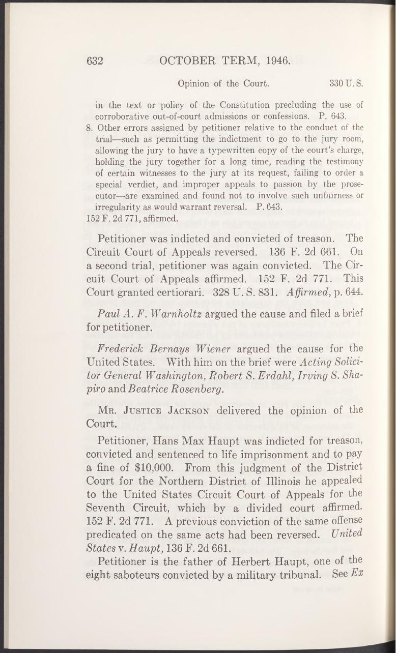 Second page of the official 1947 Supreme Court opinion in Haupt v. United States