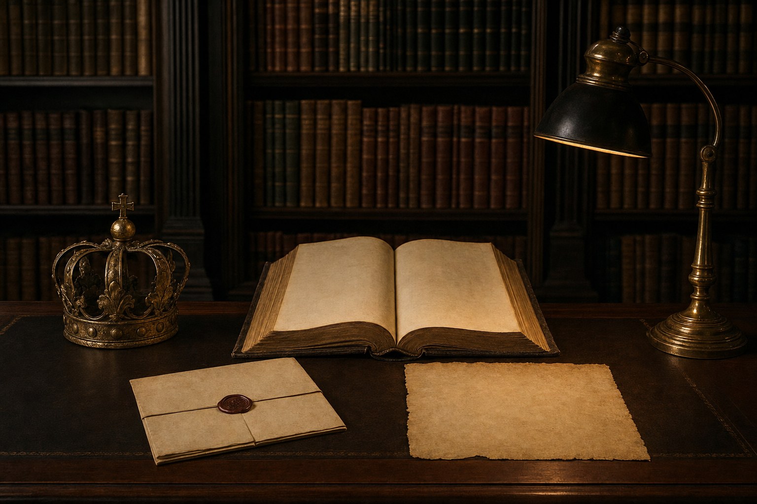 A historical crown beside an open legal volume and sealed document in a law library