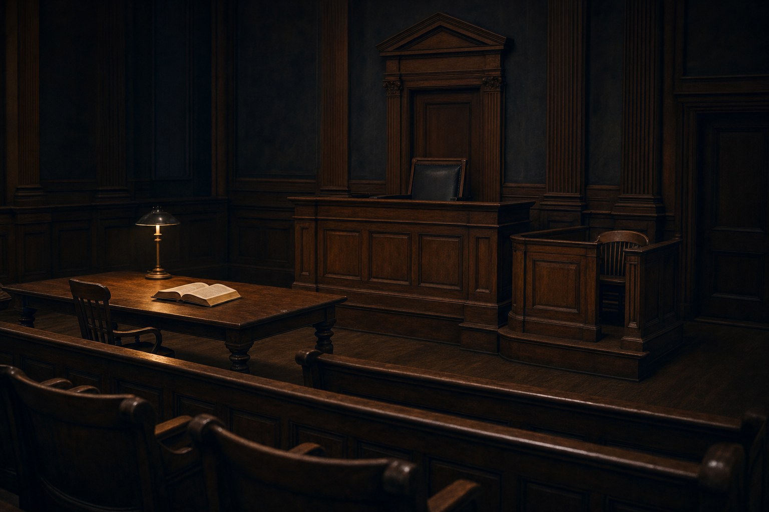 An empty historic courtroom with a judge’s bench, witness stand, and open law book