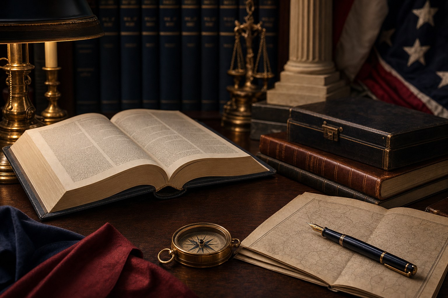 An open legal reference volume, brass compass, and fountain pen on a law-library desk