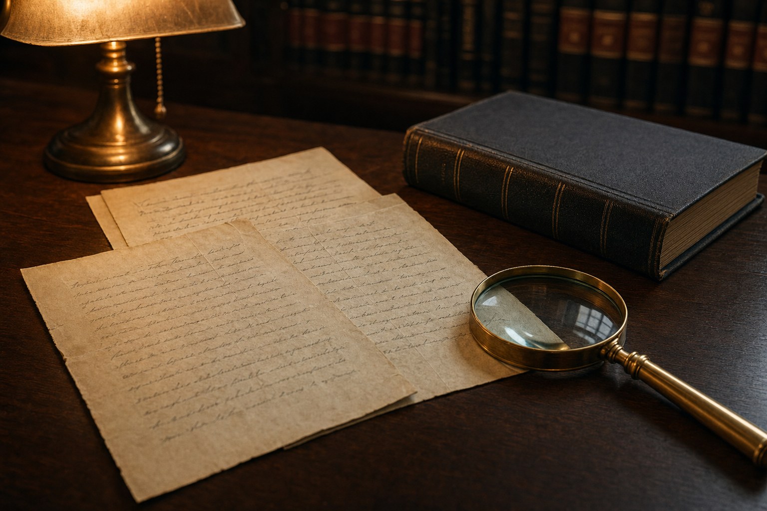 Two unmarked witness statements, a law book, and a brass magnifying glass on a dark wood table