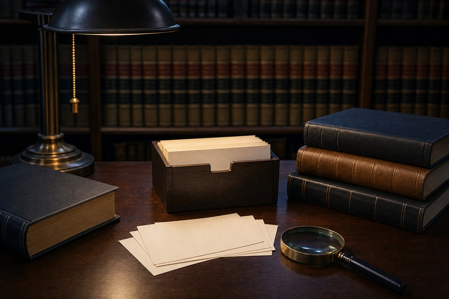 A law-library research desk with blank index cards, legal volumes, magnifying glass, and reading lamp