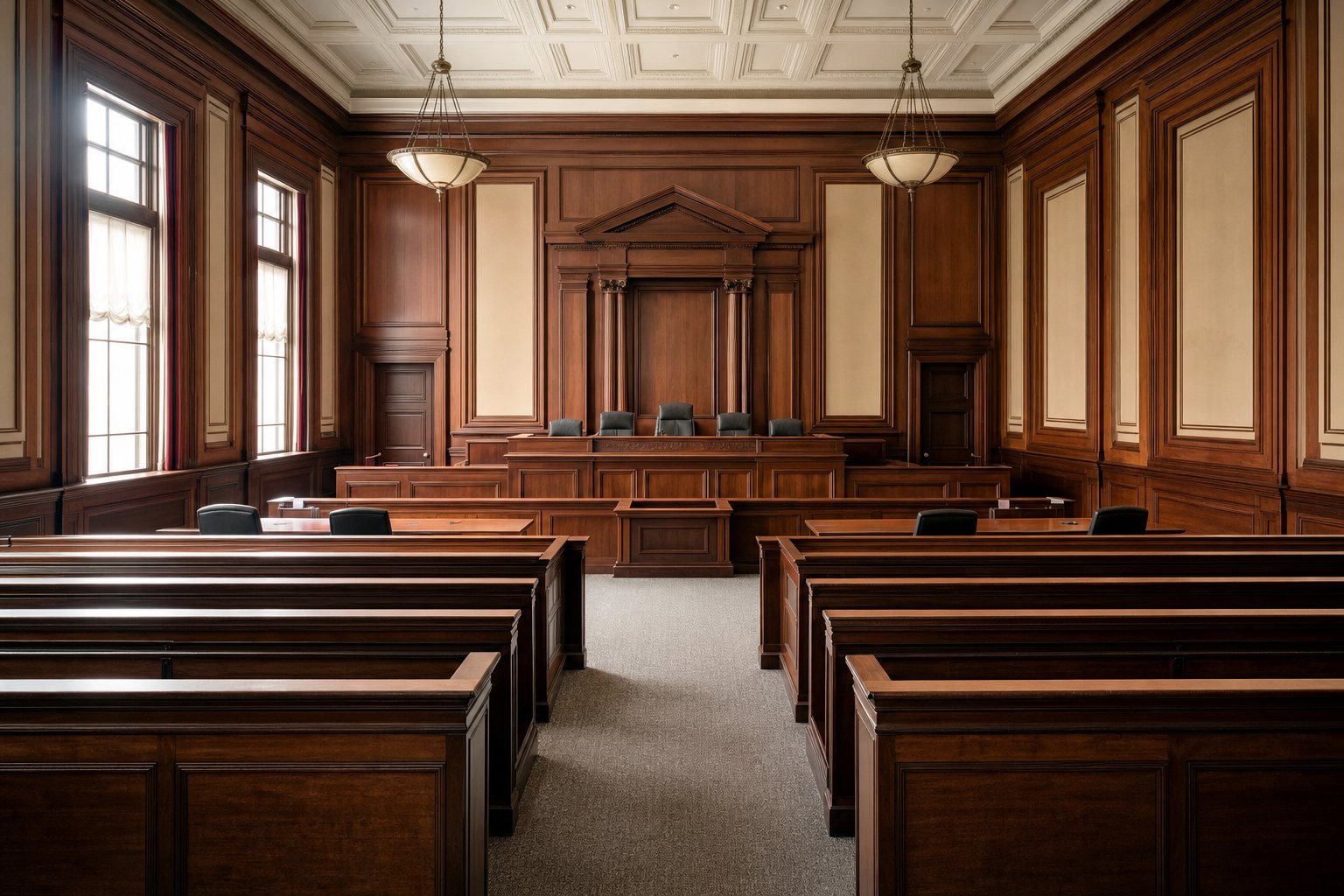 An empty wood-paneled courtroom with benches and a judge's bench