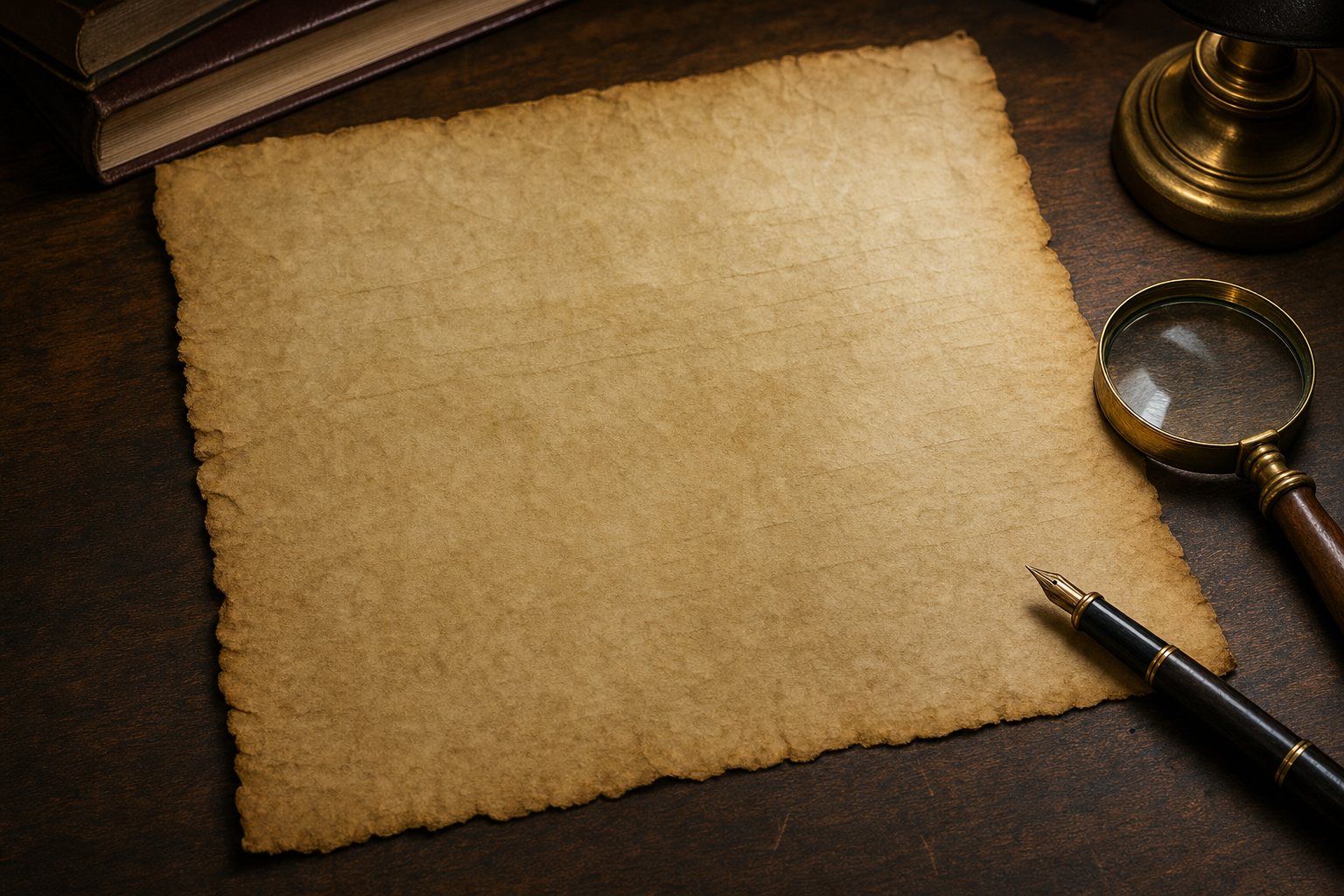 An archival-style parchment, magnifying glass, and fountain pen on a wood desk