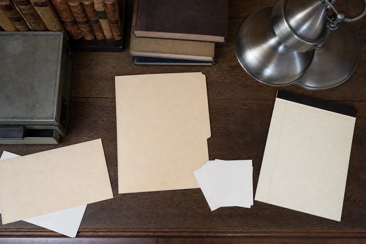 A tidy archival research desk with blank folders, note cards, and a desk lamp
