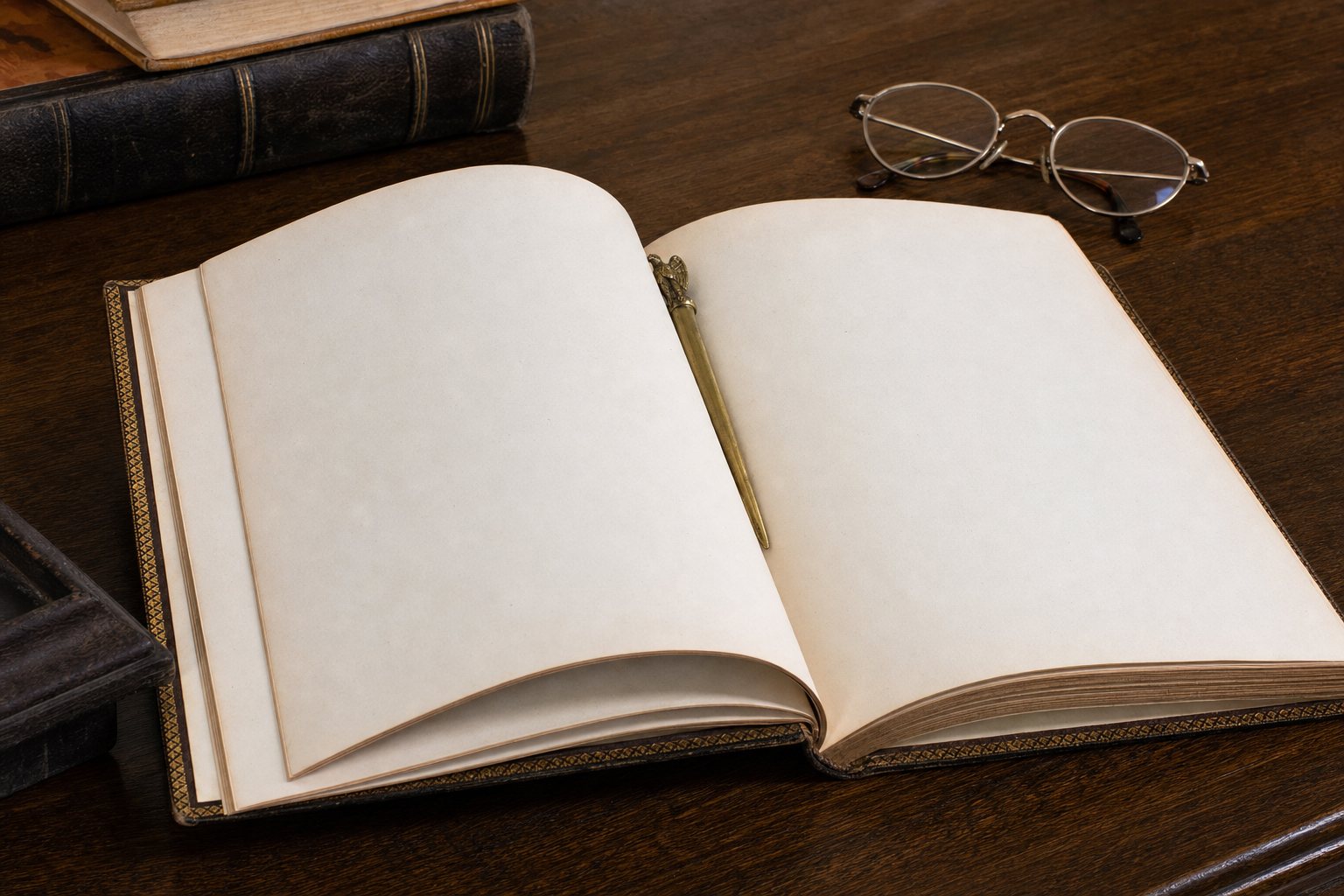 An open blank legal reference book, brass page marker, and reading glasses on a wood desk