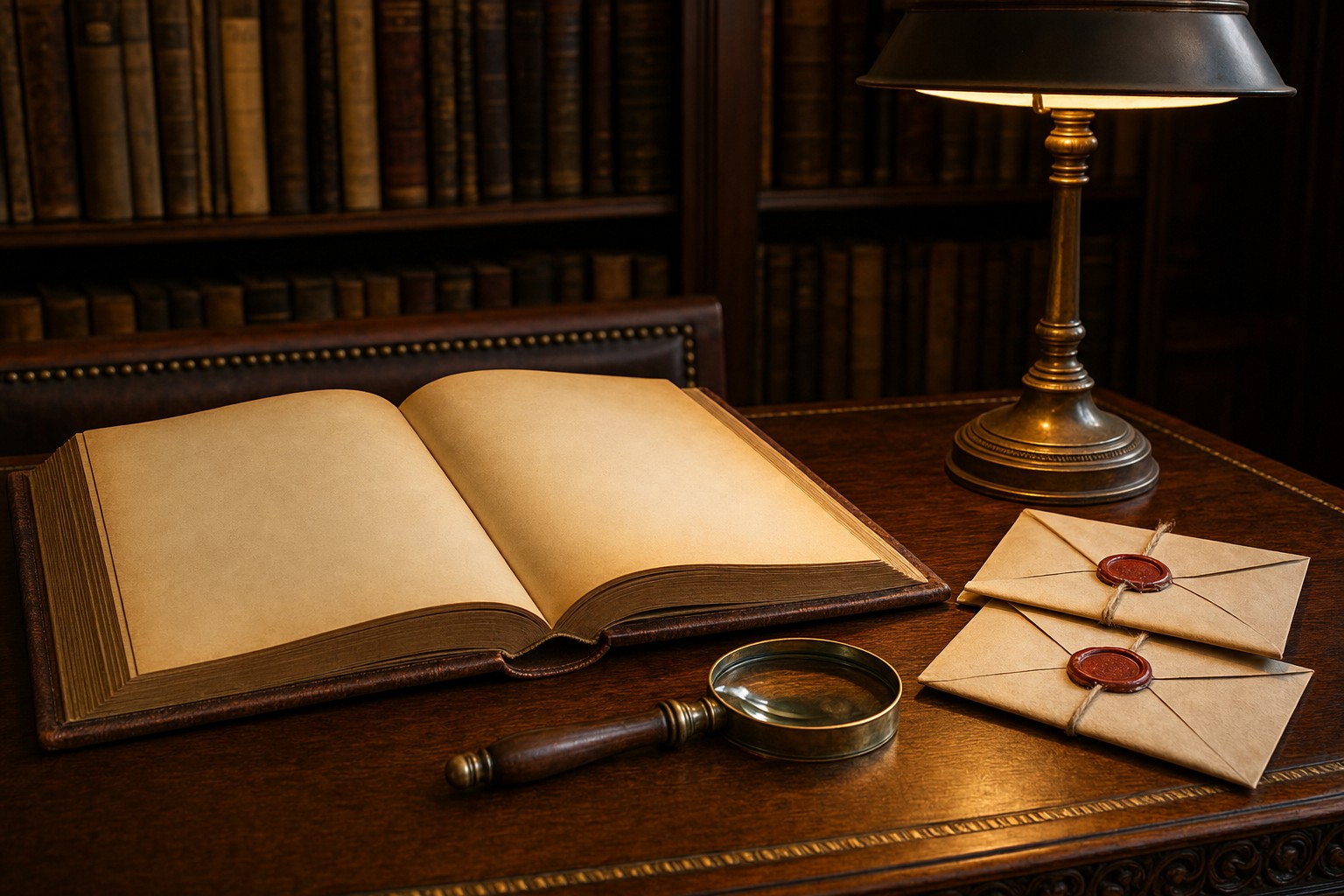 An open legal volume, two sealed witness statements, and a magnifying glass on a law-library desk
