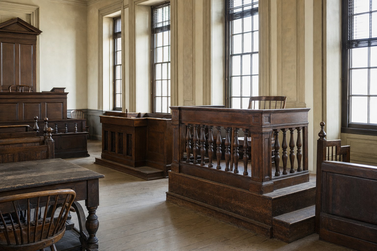 An empty nineteenth-century courtroom with wooden benches, a witness stand, and tall windows