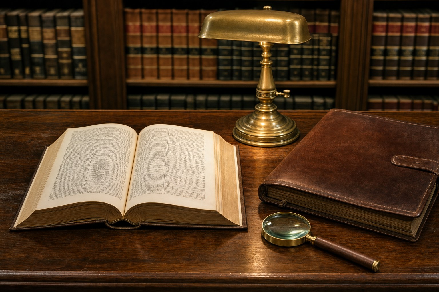 An open court reporter, case file, magnifying glass, and brass lamp in a law library