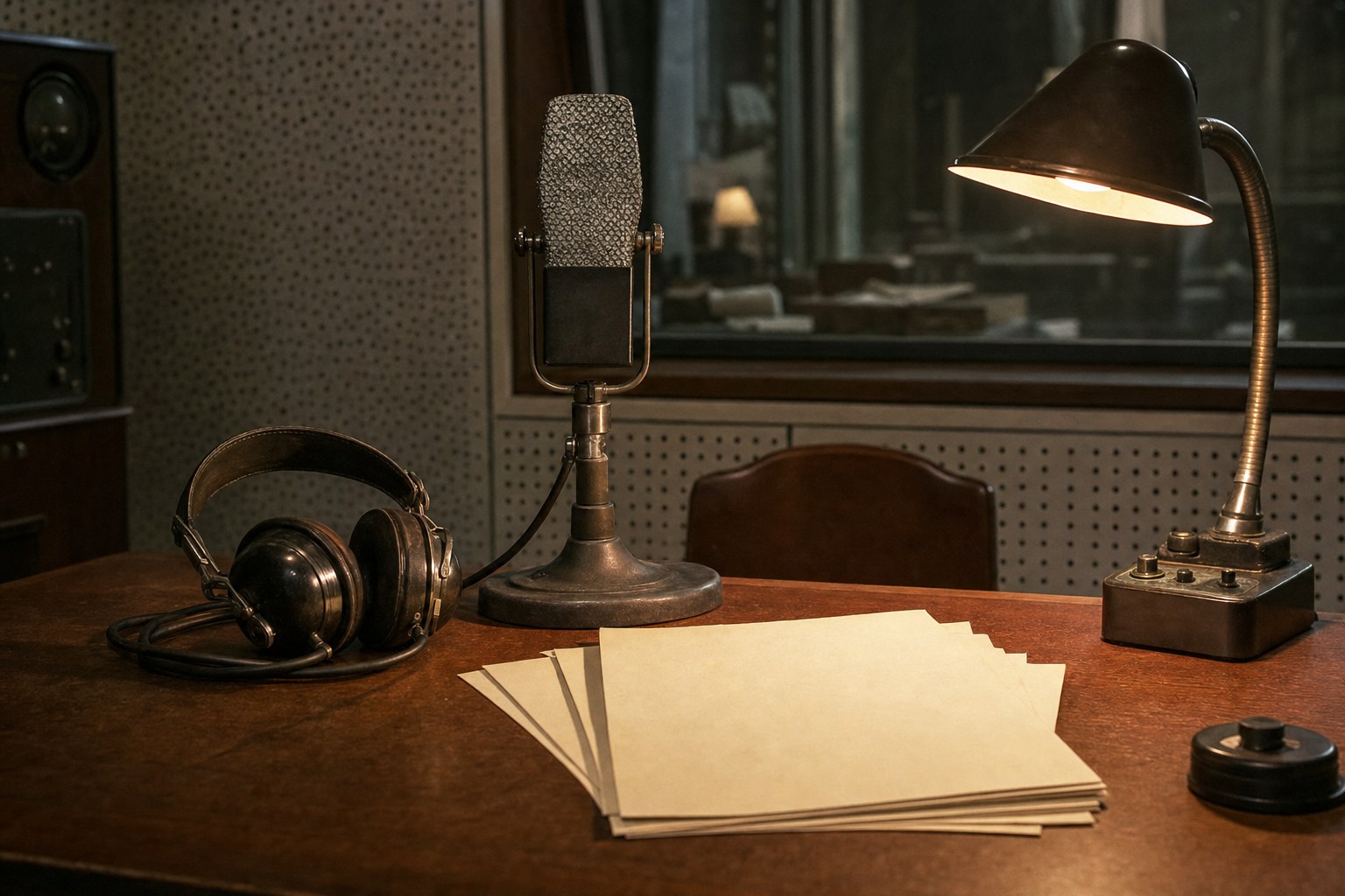 A mid-century broadcast microphone, headphones, blank papers, and desk lamp in an archival recording room