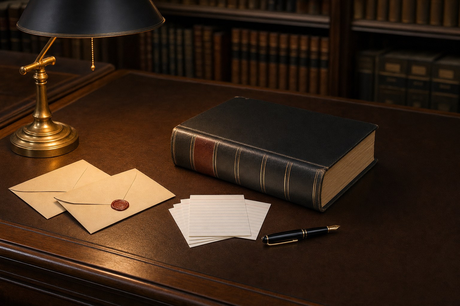 A legal reference volume, sealed envelopes, index cards, and fountain pen on a research desk