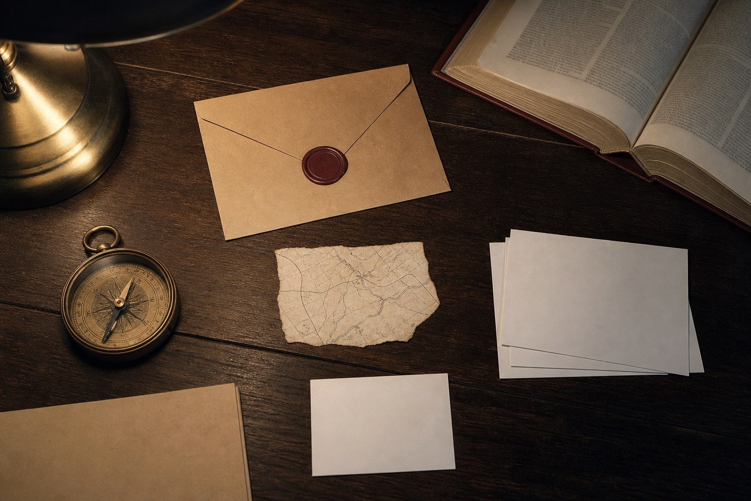 A compass, sealed envelope, map fragment, legal volume, and blank research cards on a wood desk