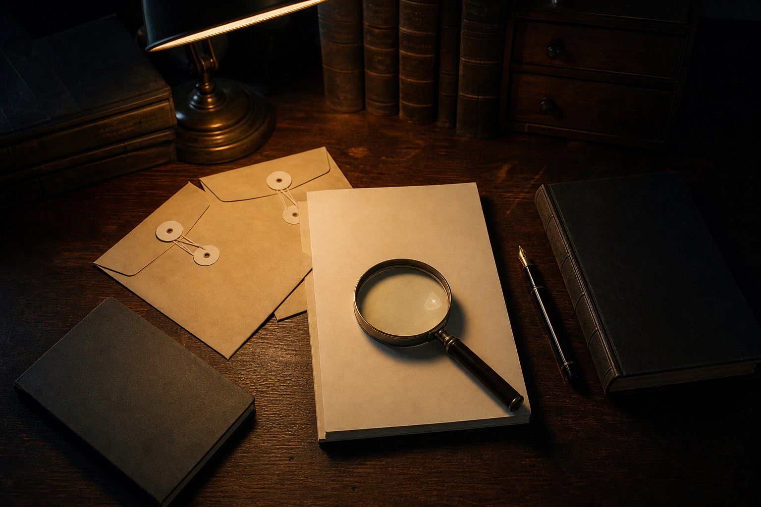 A magnifying glass over blank case notes with sealed envelopes, legal books, and a fountain pen on a research desk