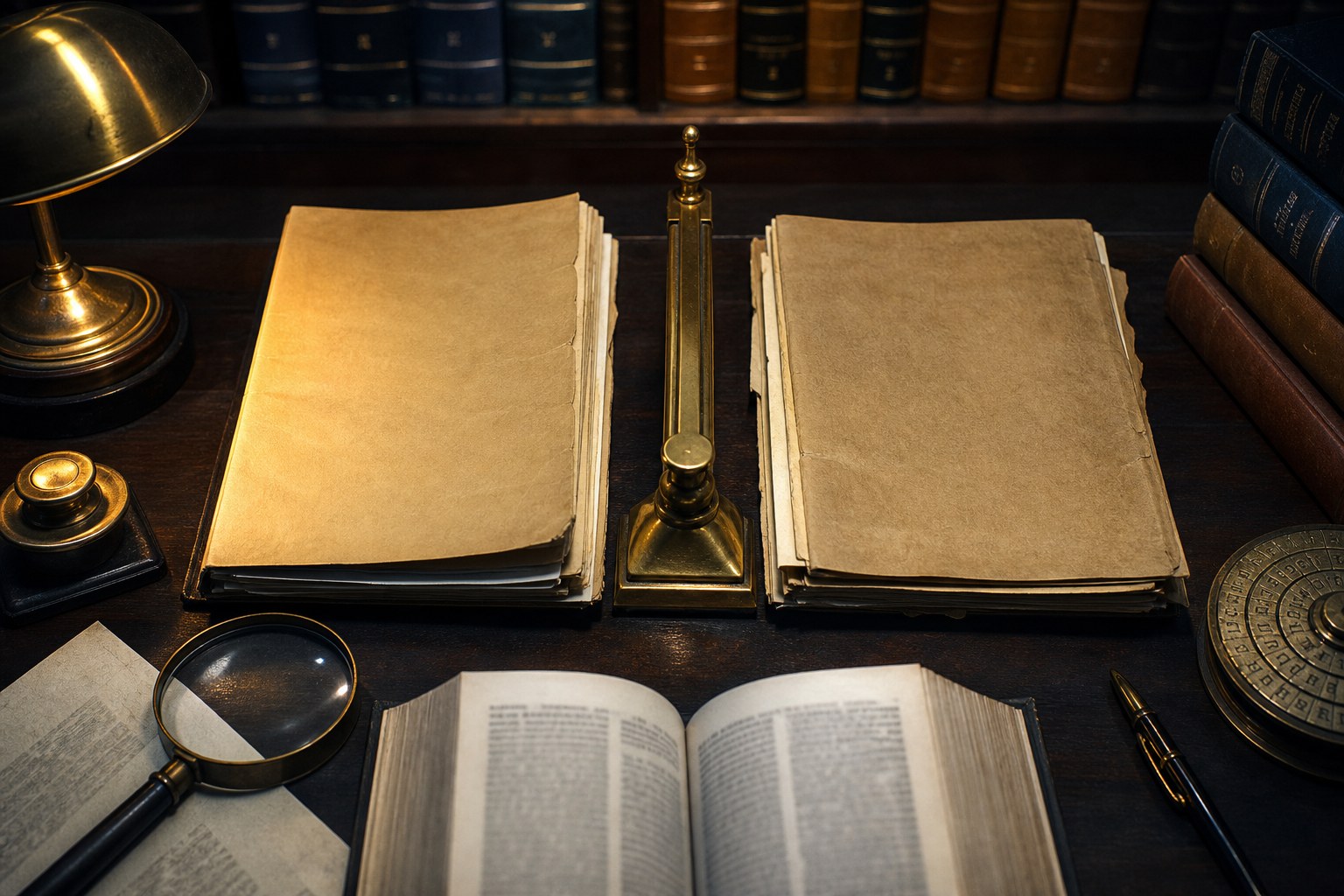 Two archival case folders separated by a brass divider beside legal books and a magnifying glass