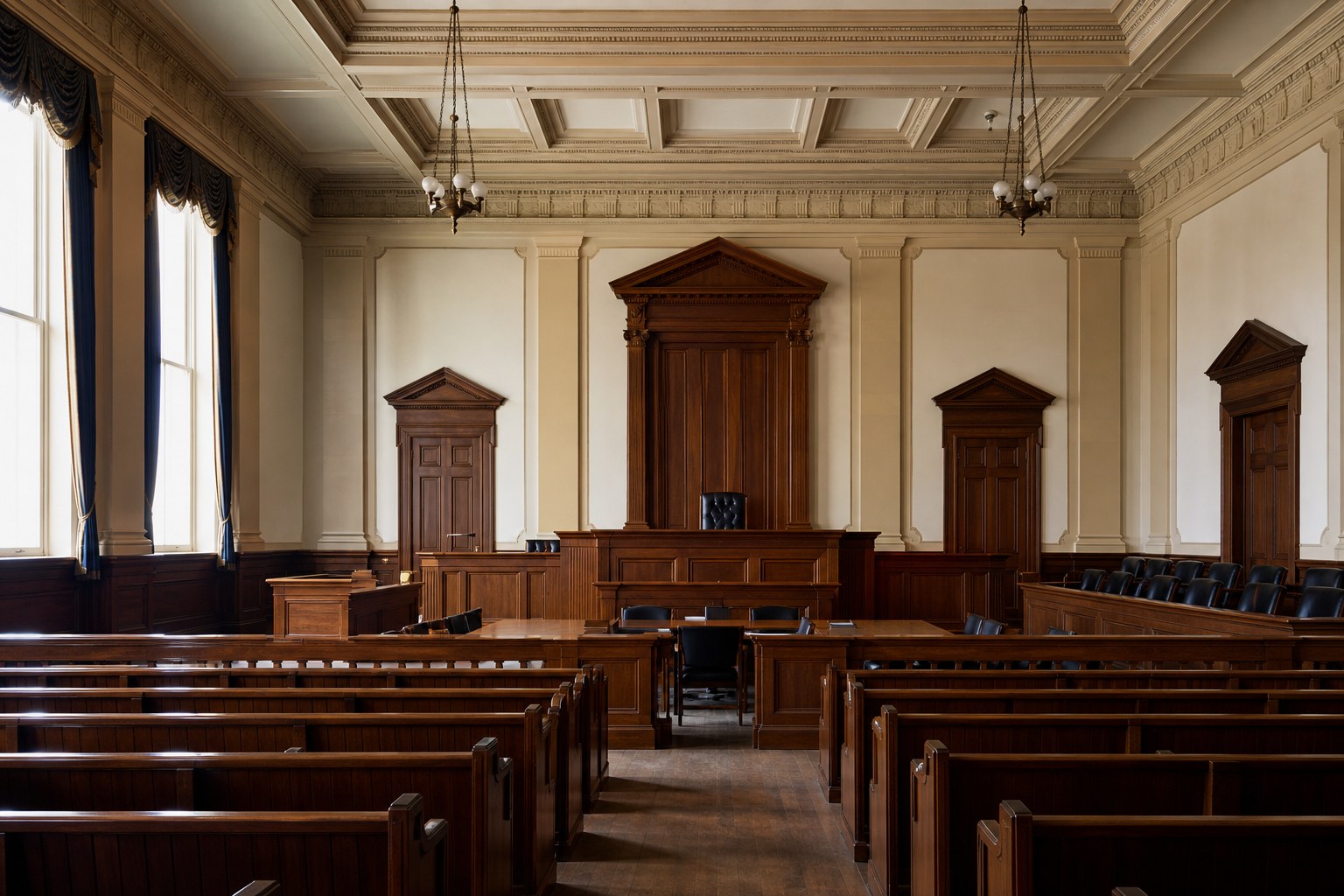 An empty historic federal courtroom with wood benches, a witness stand, and a judge’s bench