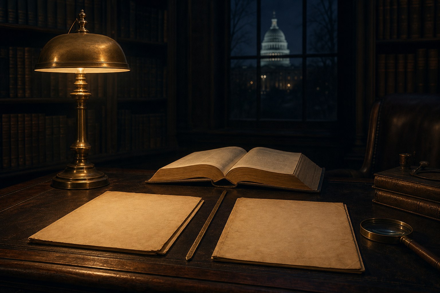 Two unmarked case folders divided by a brass rule on a law-library desk