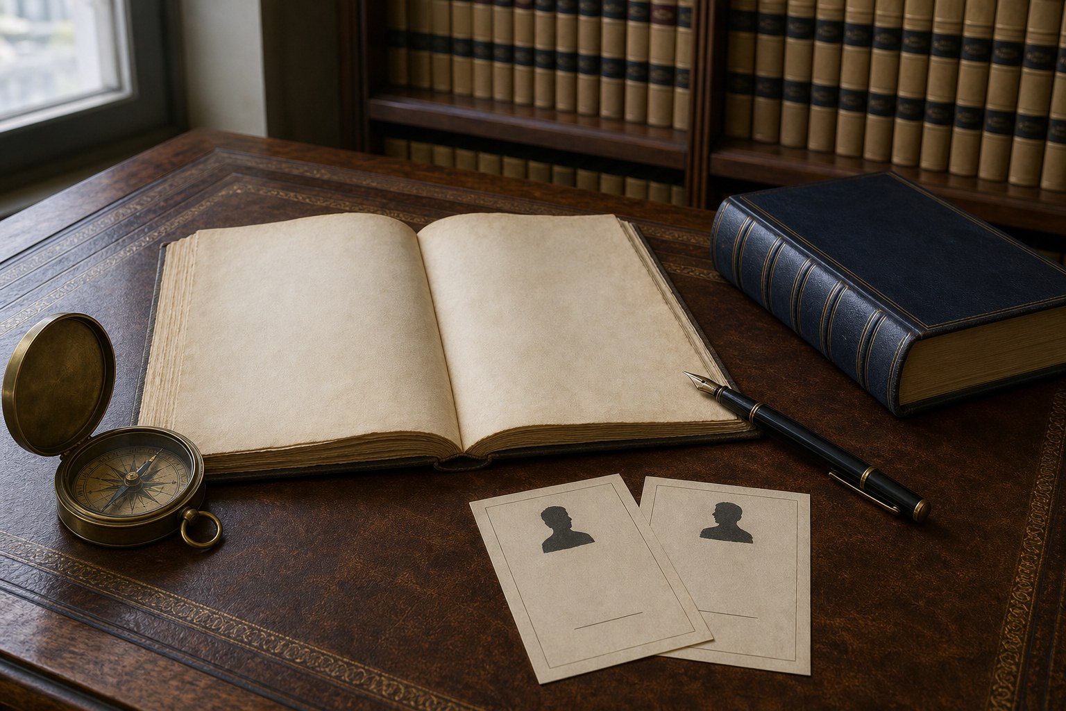 An open blank legal volume with a brass compass, fountain pen, and two anonymous witness cards on a law-library table