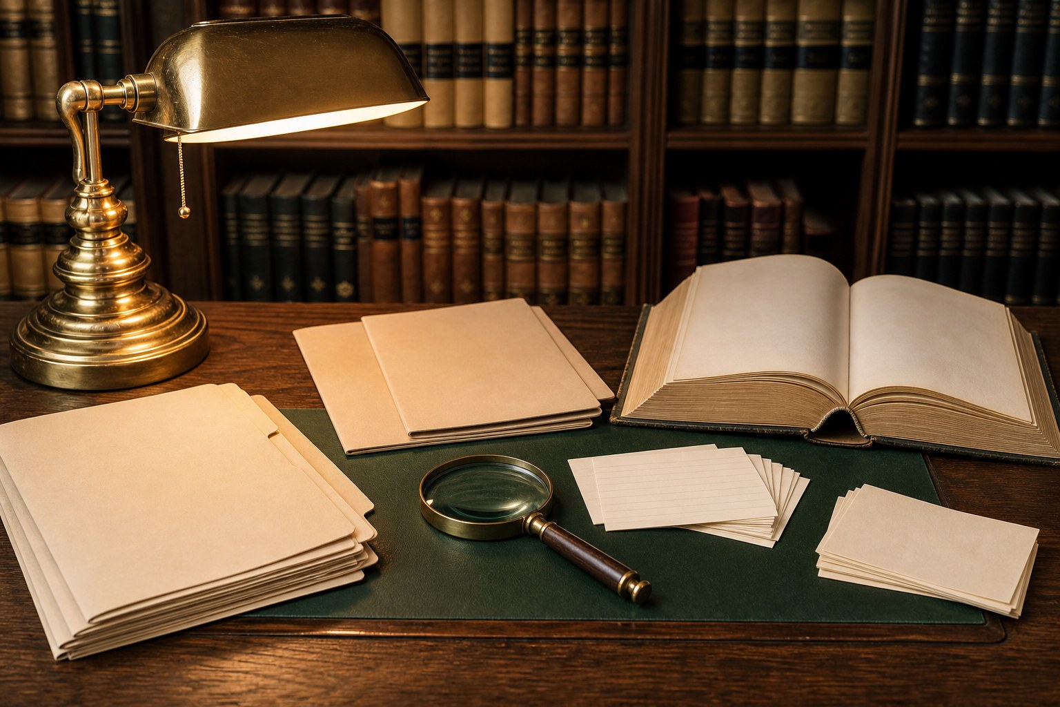 Blank case folders, index cards, a magnifying glass, and an open reference book on a law-library research desk