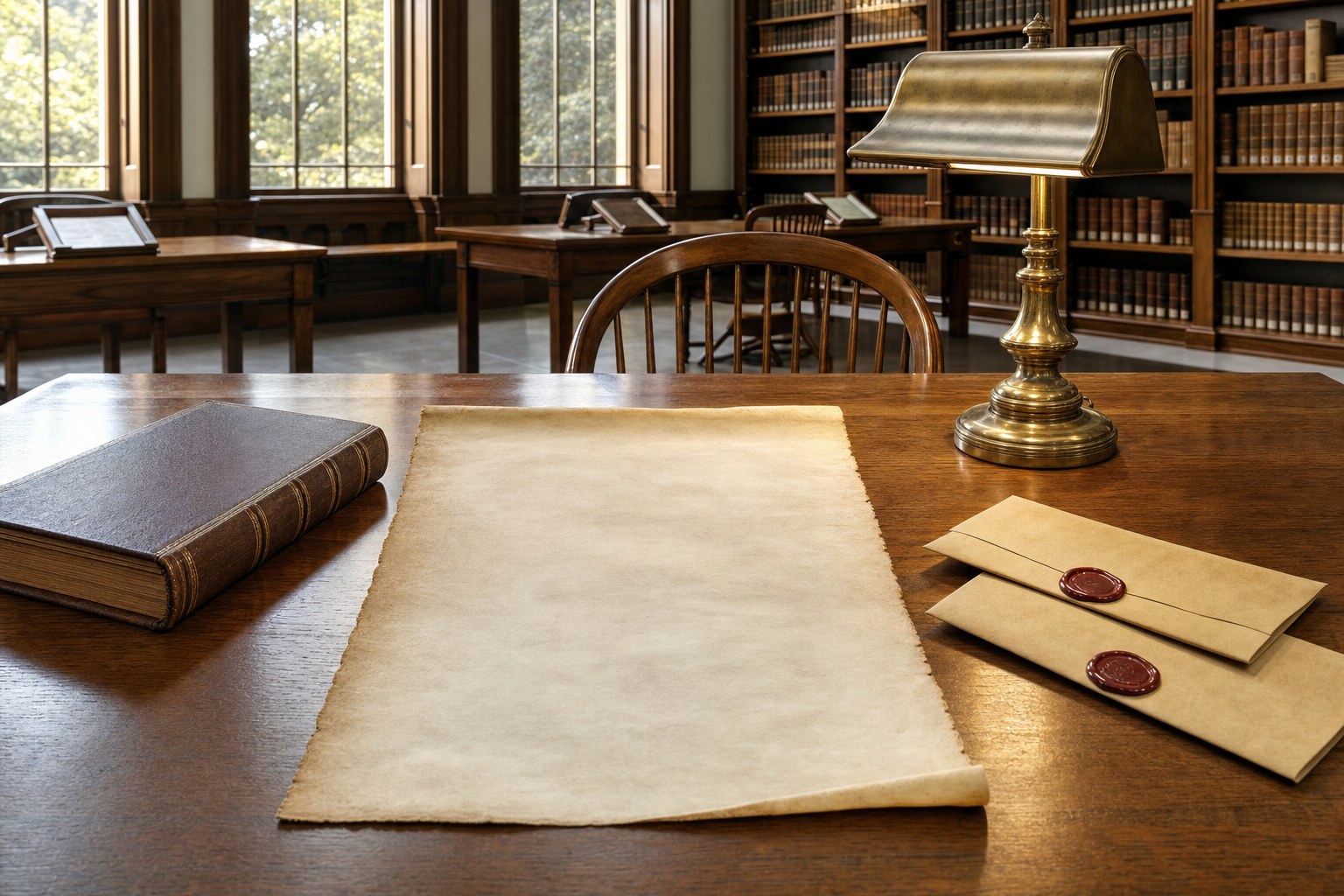 A blank parchment, a closed legal code, a brass lamp, and two sealed witness envelopes in an archival library