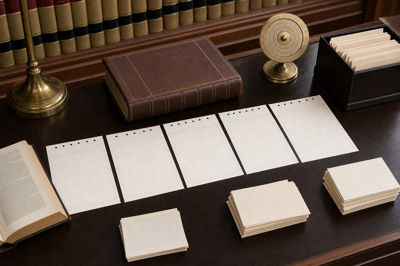 Blank calendar pages, a legal volume, and archival index cards arranged on a law-library desk