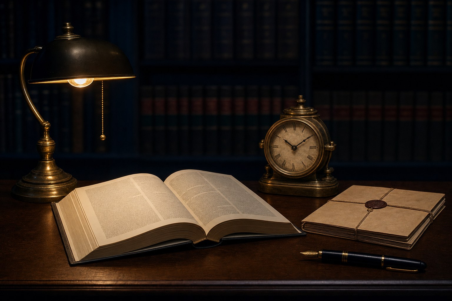 An open legal volume, brass desk clock, sealed case file, and fountain pen in a dark law library