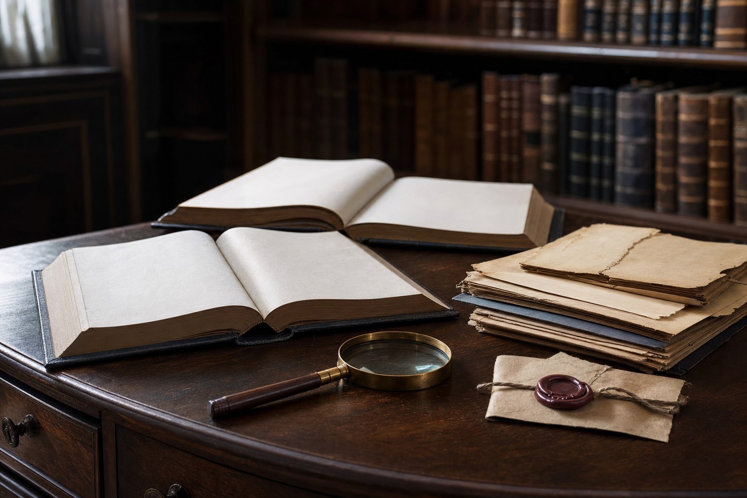 Open legal reference books, a magnifying glass, and unreadable archival documents on a dark wood desk