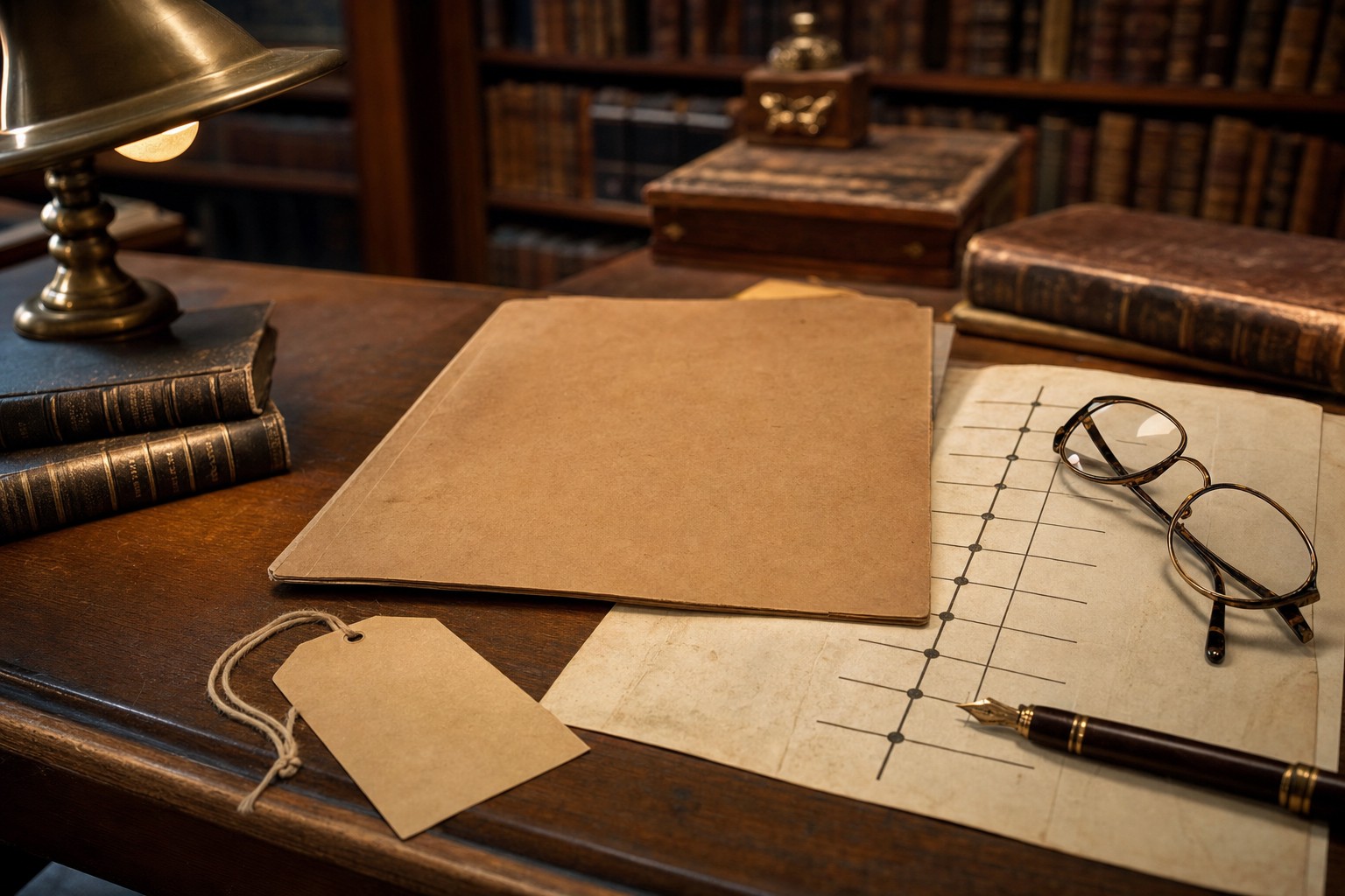 A labeled case file, timeline sheet, reading glasses, and fountain pen on a law-library desk