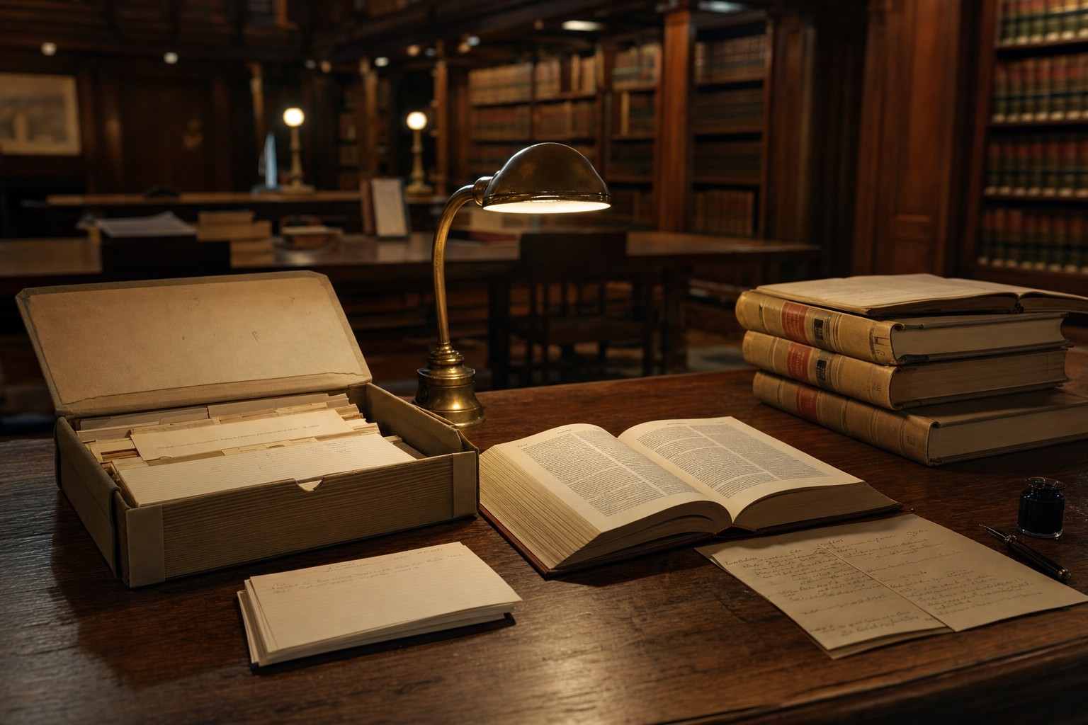 An archive box, legal reference books, notes, and a desk lamp in a quiet law library