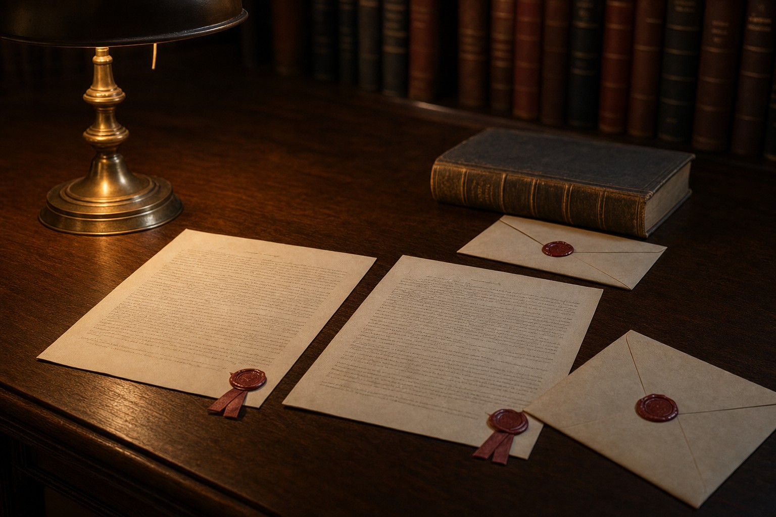 Two witness statements and sealed envelopes arranged on a law-library desk beneath a reading lamp