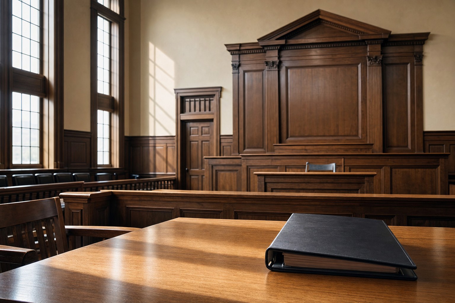 An empty historic courtroom with a legal binder and papers arranged at counsel table