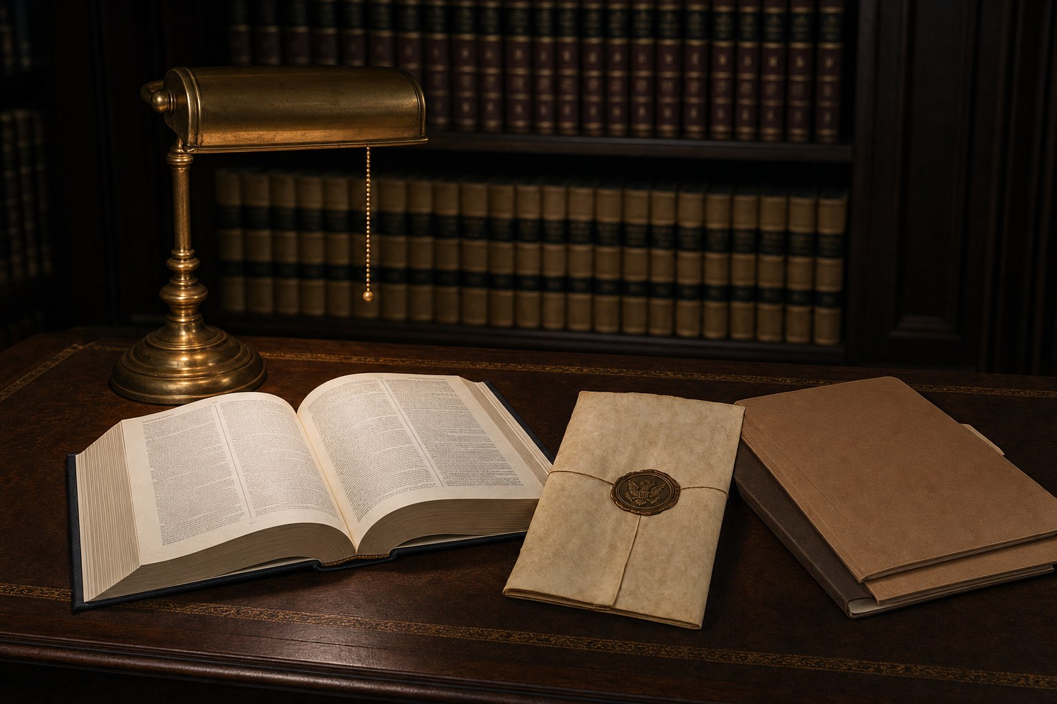 Open legal reference books, a magnifying glass, and a sealed case file on a law-library desk