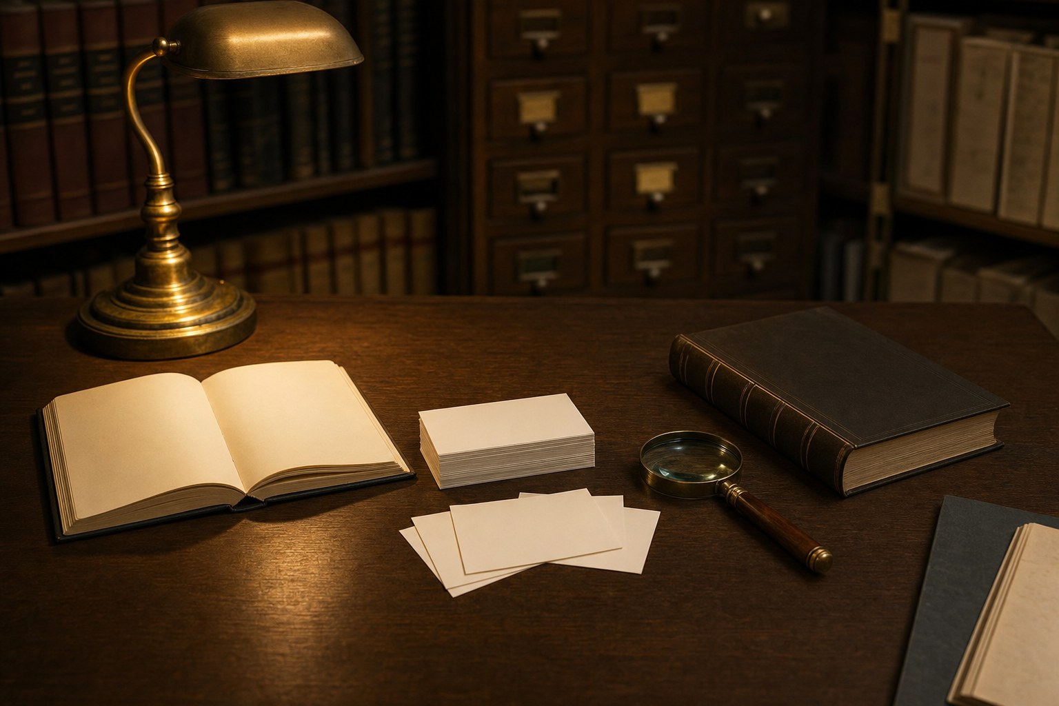 An archival research desk with legal notes, a magnifying glass, index cards, and a reading lamp