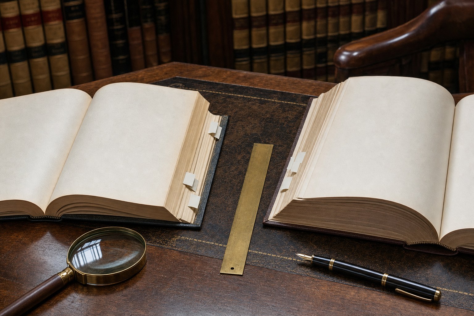 Two open legal reference volumes, a magnifying glass, and a brass ruler on a law-library desk