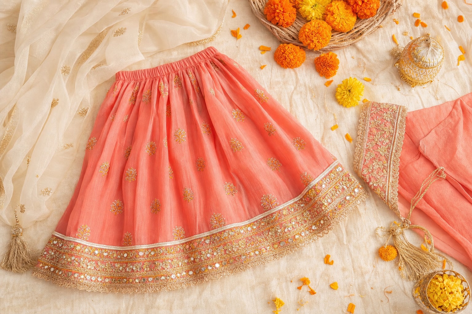 Coral, ivory and gold children’s celebrationwear details arranged on a warm textile surface.