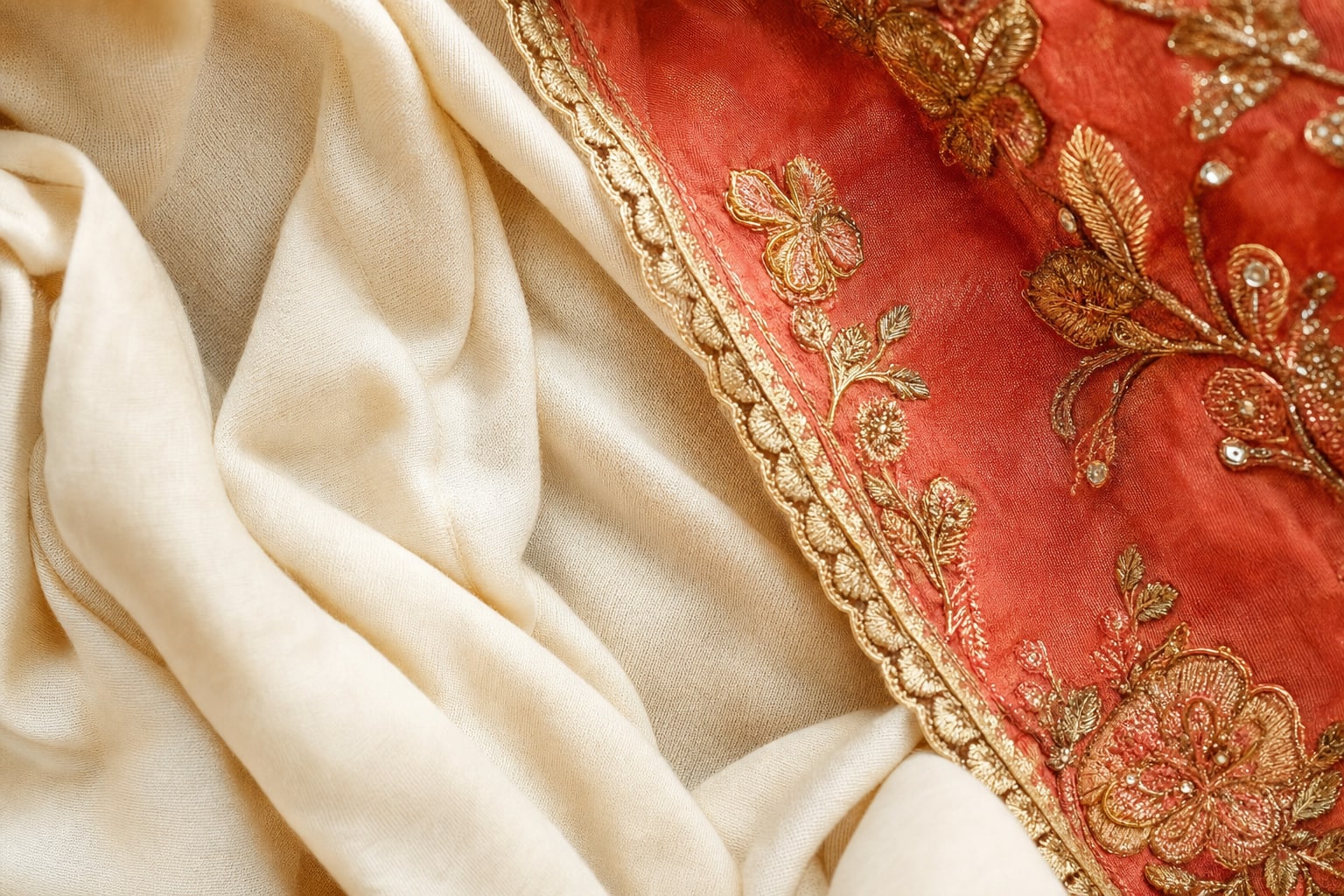 Soft cotton lining beside coral and gold embroidered occasionwear fabric.