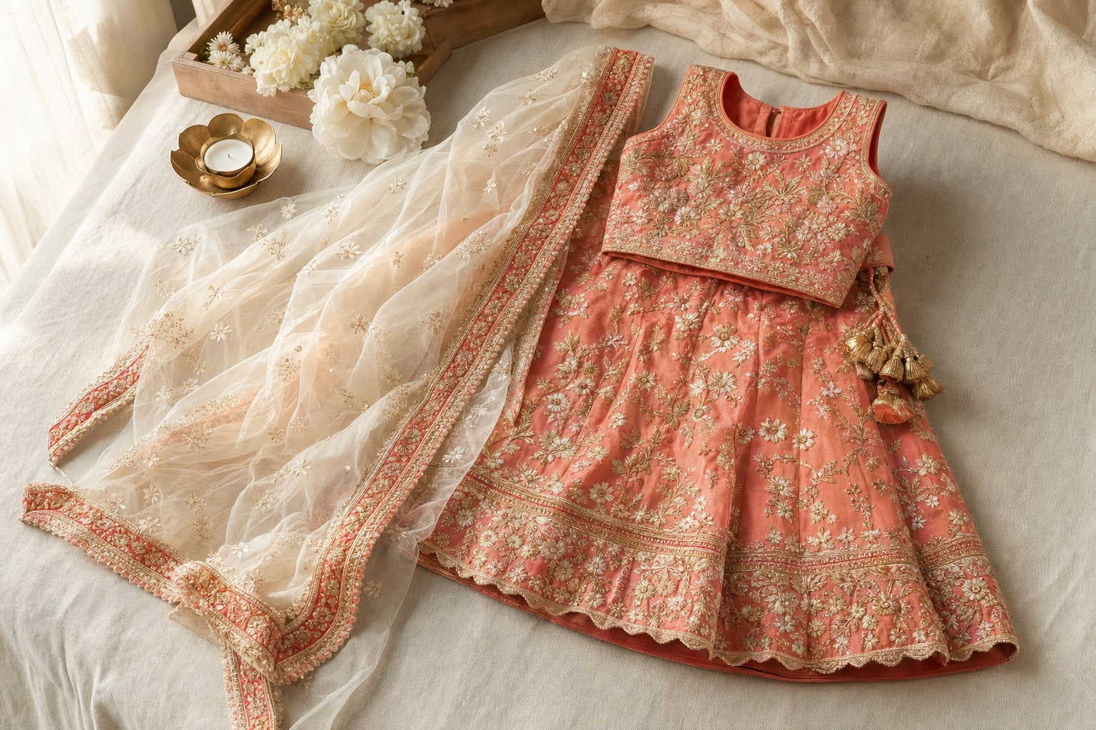 A coral, ivory and gold child-size lehenga set arranged on warm ivory linen.