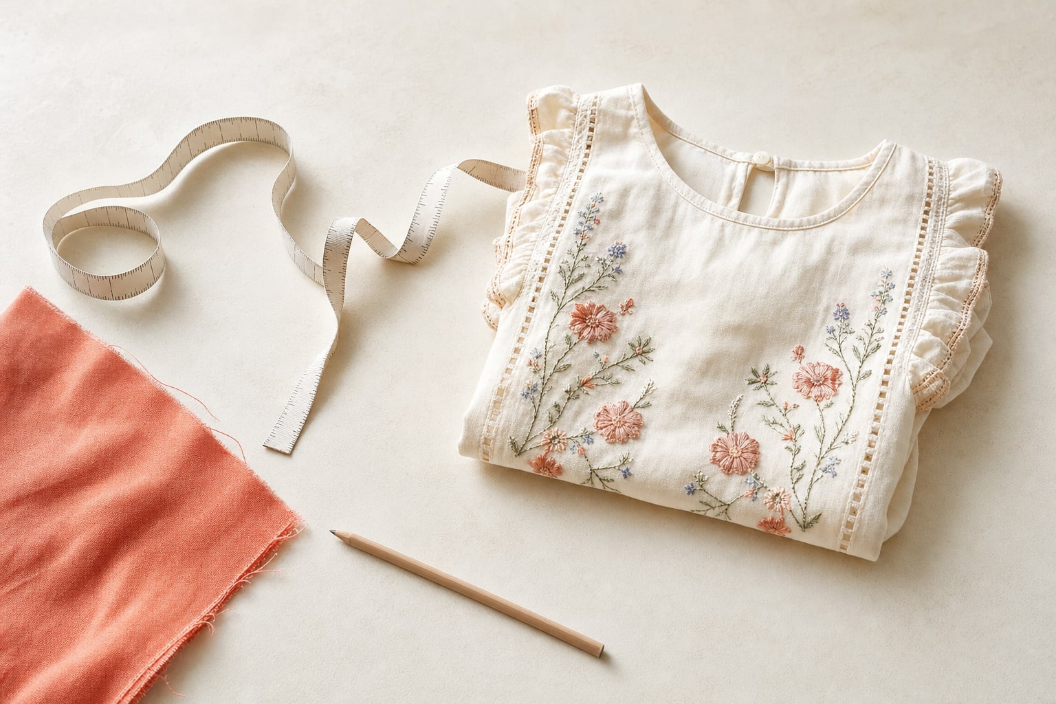 A soft measuring tape beside a child-size embroidered blouse and coral fabric swatch.