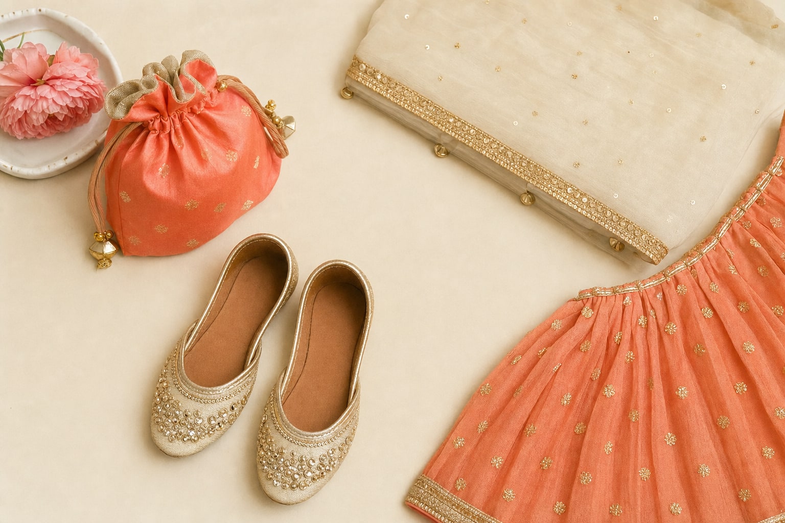 Children’s festive shoes, an ivory dupatta and a coral pouch arranged for a celebration.