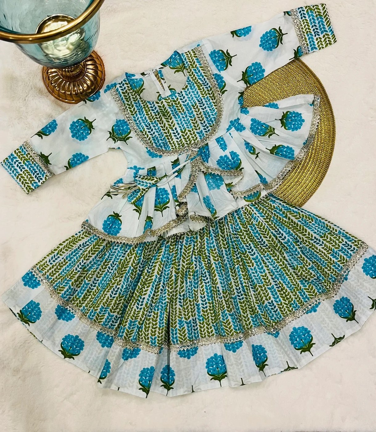 Baby Blue Ghagra Choli, a blue and gold baby lehenga set