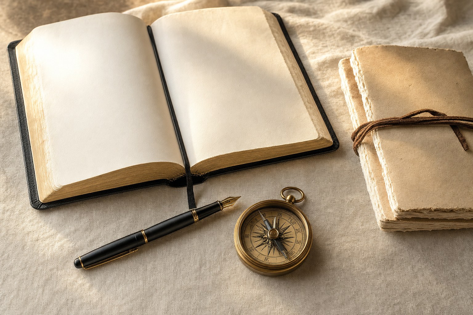 An open Bible and journal on ivory linen