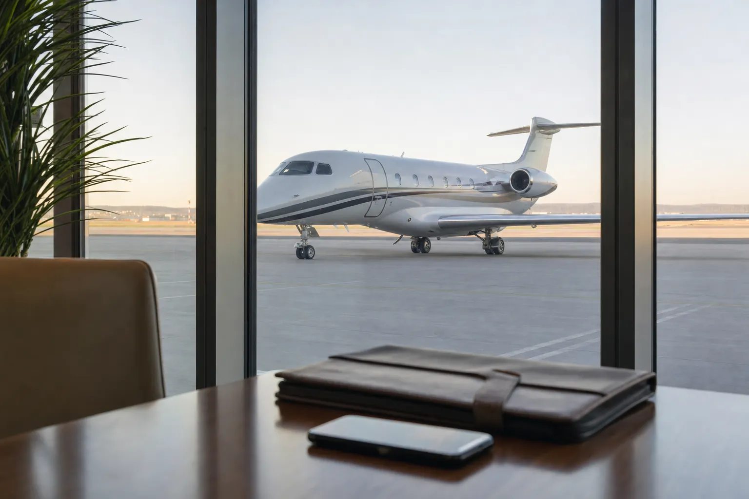 Private jet viewed from a quiet terminal during a flight review.