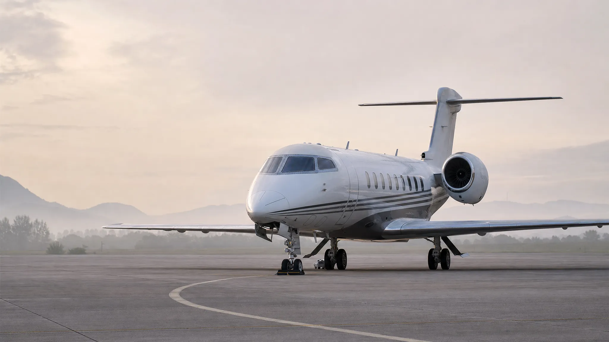 Private jet on an airport apron at sunrise.